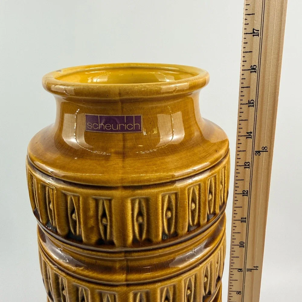 Scheurich‎ West Germany Pottery WGP Mustard Gold Totem Cylinder Floor Vase 16